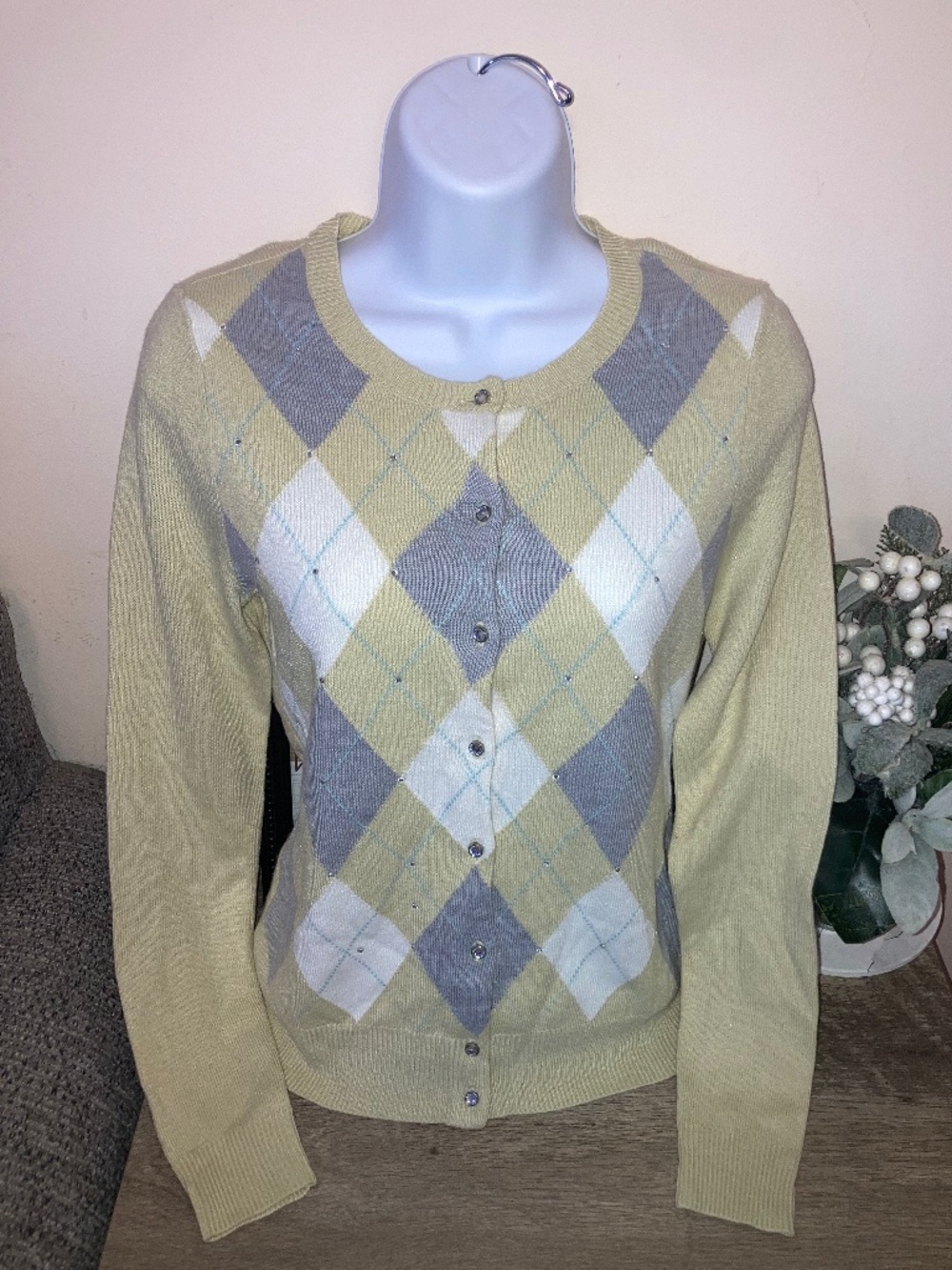 New York & Company Rhinestone Argyle Cardigan Sweater  - Size: XS